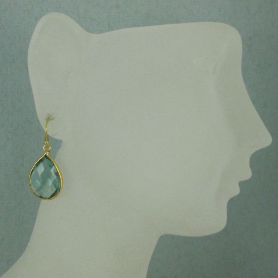 Wholesale Bezel Gemstone Tear Pendant Earrings - Gold Plated Hooks - Aqua Quartz