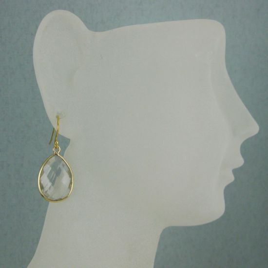 Wholesale Bezel Gemstone Tear Pendant Earrings - Gold Plated Hooks - Crystal Quartz