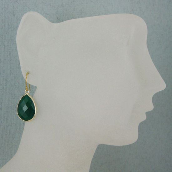 Wholesale Bezel Gemstone Tear Pendant Earrings - Gold Plated Hooks - Green Onyx