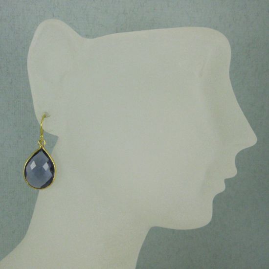 Wholesale Bezel Gemstone Tear Pendant Earrings - Gold Plated Hooks - Iolite Quartz