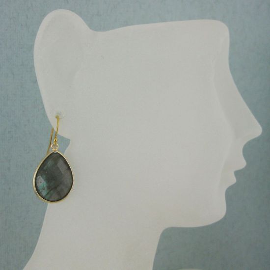 Wholesale Bezel Gemstone Tear Pendant Earrings - Gold Plated Hooks - Labradorite