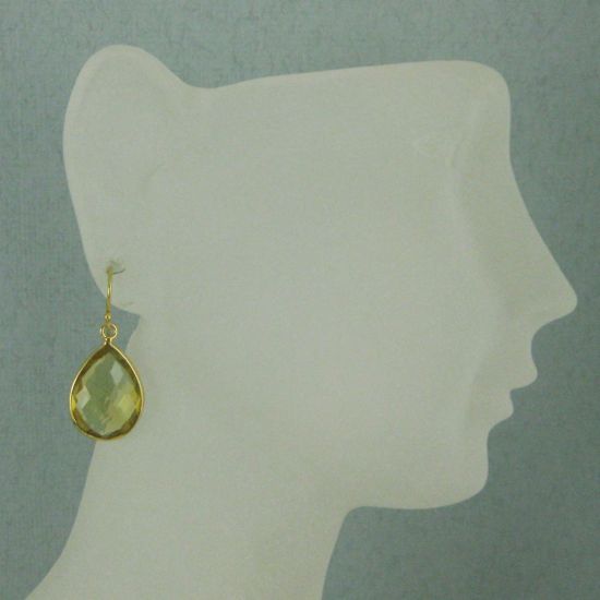 Wholesale Bezel Gemstone Tear Pendant Earrings - Gold Plated Hooks - Lemon Quartz