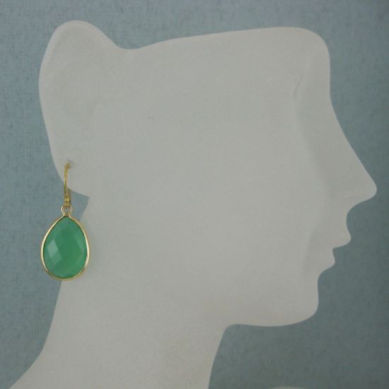 Wholesale Bezel Gemstone Tear Pendant Earrings - Gold Plated Hooks -Prenite Chalceony
