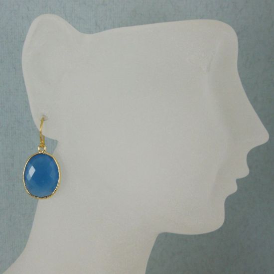 Wholesale Bezel Gemstone Oval Pendant Earrings - Gold Plated Hooks - Blue Chalcedony