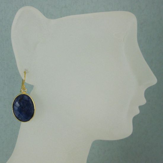 Wholesale Bezel Gemstone Oval Pendant Earrings - Gold Plated Hooks - Blue Sapphire Dyed
