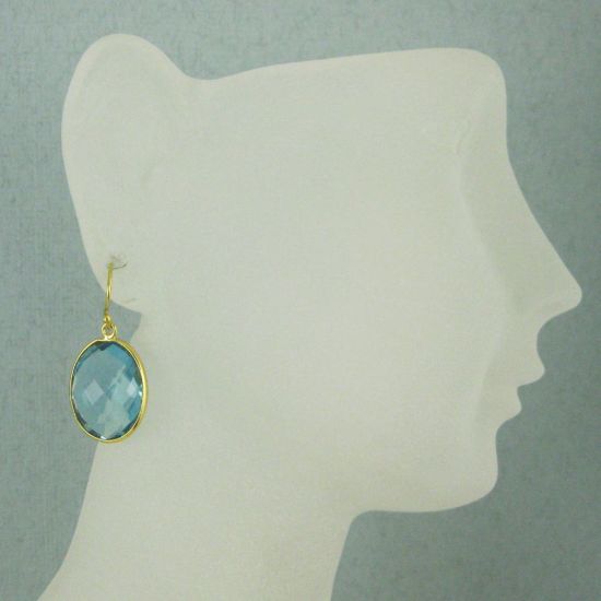 Wholesale Bezel Gemstone Oval Pendant Earrings - Gold Plated Hooks - Blue Topaz