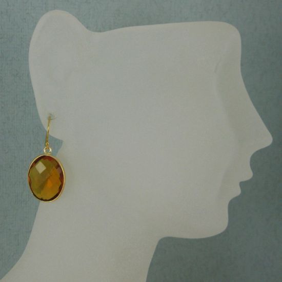 Wholesale Bezel Gemstone Oval Pendant Earrings - Gold Plated Hooks - Citrine Quartz
