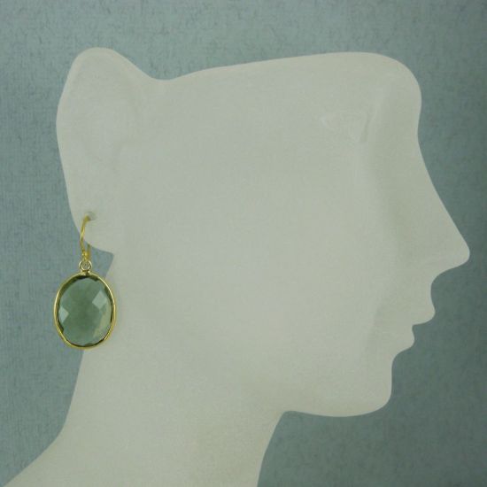 Wholesale Bezel Gemstone Oval Pendant Earrings - Gold Plated Hooks - Green Amethyst Quartz