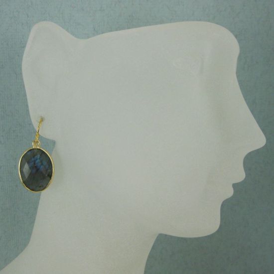Wholesale Bezel Gemstone Oval Pendant Earrings - Gold Plated Hooks - Labradorite