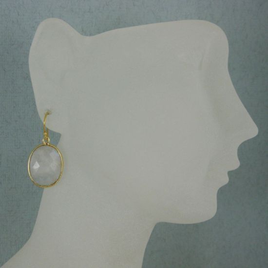 Wholesale Bezel Gemstone Oval Pendant Earrings - Gold Plated Hooks - Moonstone