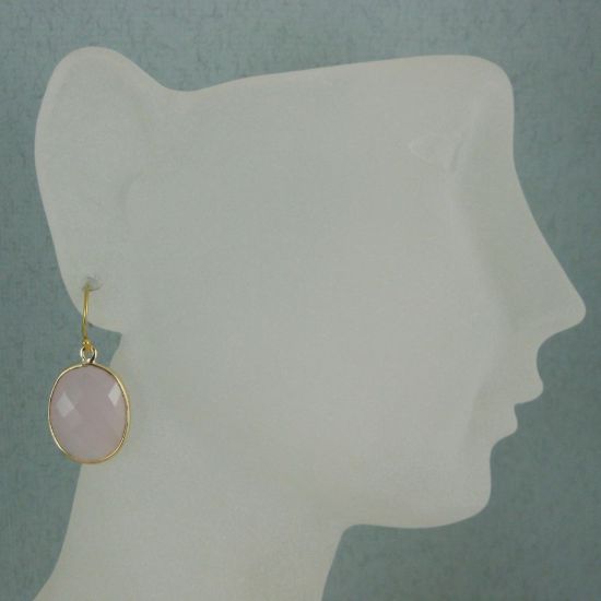 Wholesale Bezel Gemstone Oval Pendant Earrings - Gold Plated Hooks - Pink Chalcedony
