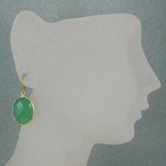 Wholesale Bezel Gemstone Oval Pendant Earrings - Gold Plated Hooks - Prenite Chalcedony