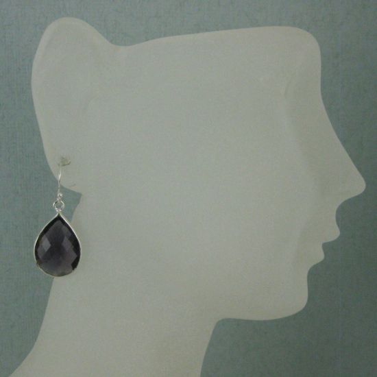 Wholesale Bezel Gemstone Tear Shaped Pendant Earrings - Sterling Silver Hooks - Amethyst