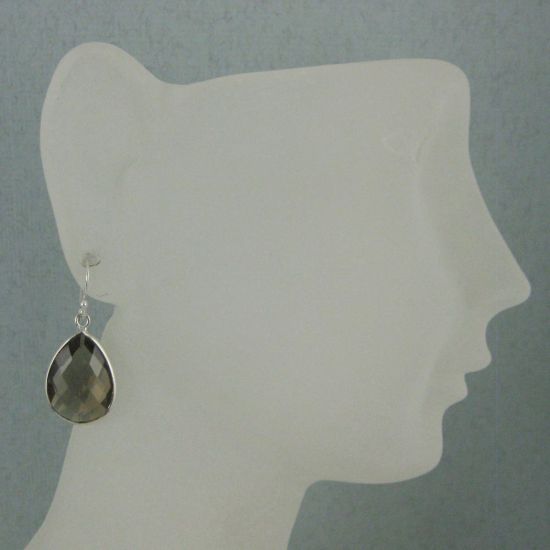 Wholesale Bezel Gemstone Tear Shaped Pendant Earrings - Sterling Silver Hooks - Smoky Quartz