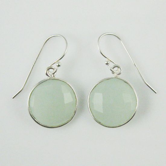 Wholesale Bezel Gemstone Round Pendant Earrings - Sterling Silver Hooks - Aqua Chalcedony