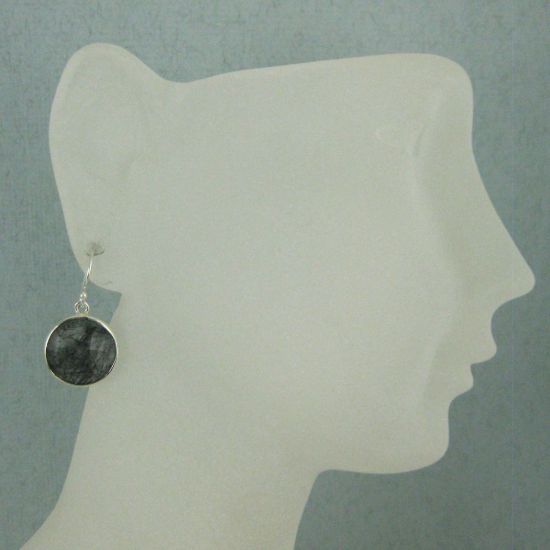 Wholesale Bezel Gemstone Round Pendant Earrings - Sterling Silver Hooks - Black Rutilated Quartz