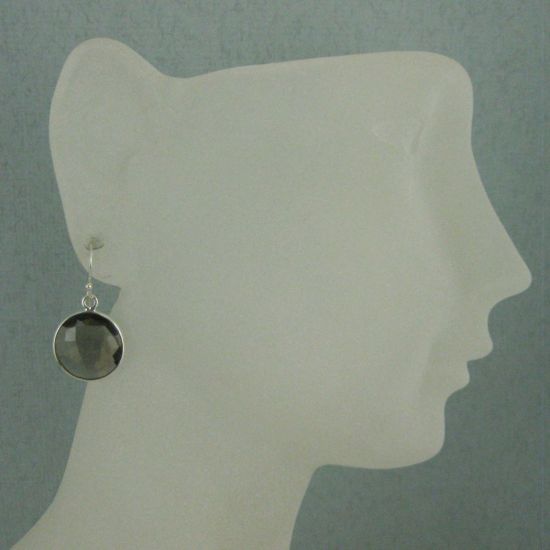Wholesale Bezel Gemstone Round Pendant Earrings - Sterling Silver Hooks - Smoky Quartz