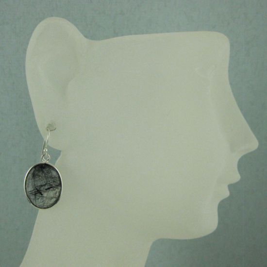 Wholesale Bezel Gemstone Oval Shaped Pendant Earrings - Sterling Silver Hooks - Black Rutilated Quartz