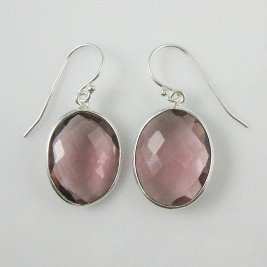 Wholesale Bezel Gemstone Oval Shaped Pendant Earrings - Sterling Silver Hooks - Pink Amethyst Quartz