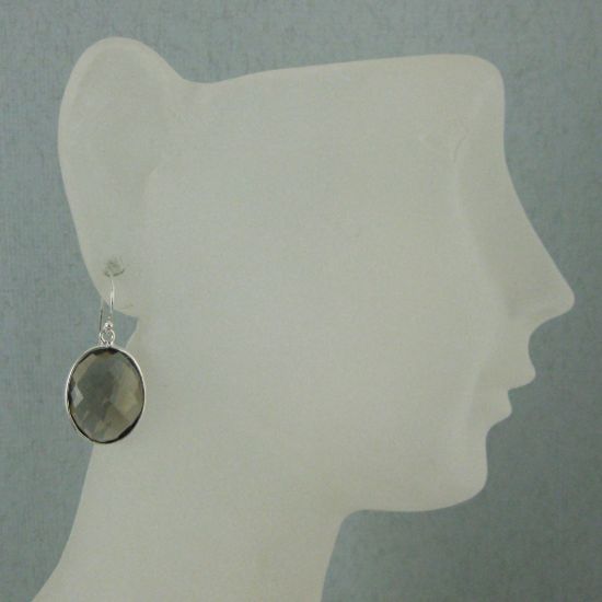 Wholesale Bezel Gemstone Oval Shaped Pendant Earrings - Sterling Silver Hooks - Smoky Quartz