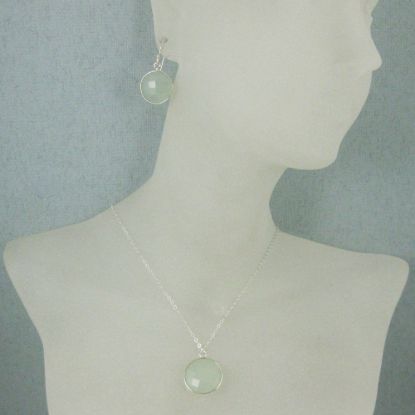 Wholesale Bezel Gem Round Pendant Necklace & Earrings-Sterling Silver-Aqua Chalcedony (16-24")