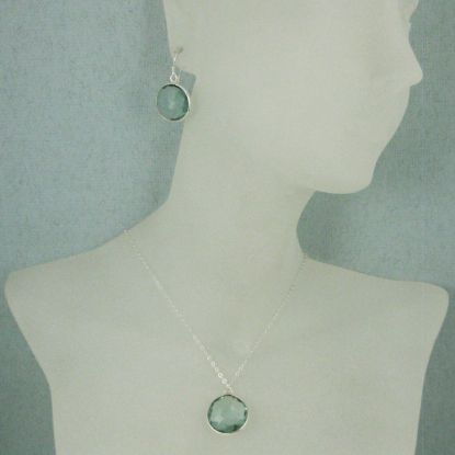 Wholesale Bezel Gem Round Pendant Necklace & Earrings-Sterling Silver-Aqua Quartz (16-24")