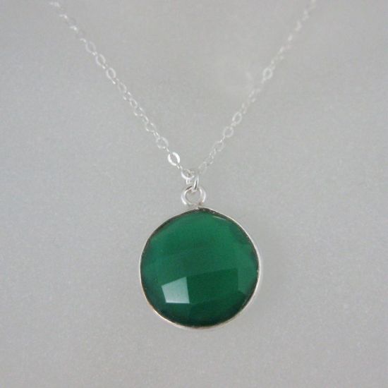 Wholesale Bezel Gem Round Pendant Necklace & Earrings-Sterling Silver- Green Onyx (16-24")