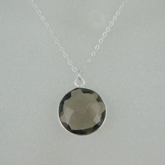 Wholesale Bezel Gem Round Pendant Necklace & Earrings-Sterling Silver-Smoky Quartz (16-24")