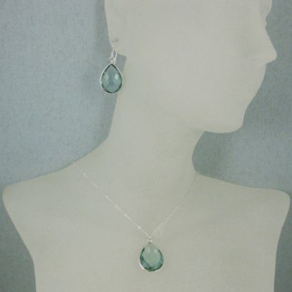 Wholesale Bezel Gem Tear Pendant Necklace & Earrings - Sterling Silver-Aqua Quartz (16-24")