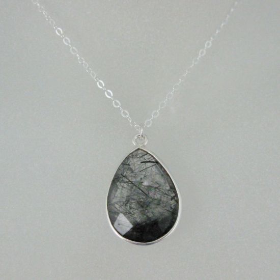 Wholesale Bezel Gem Tear Pendant Necklace & Earrings - Sterling Silver-Black Rutilated Quartz (16-24")