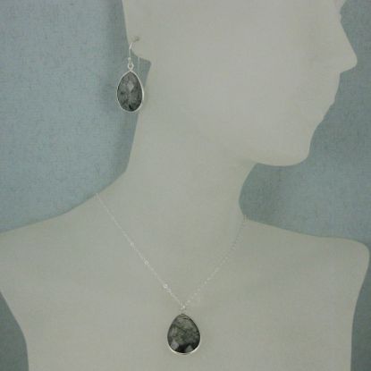 Wholesale Bezel Gem Tear Pendant Necklace & Earrings - Sterling Silver-Black Rutilated Quartz (16-24")