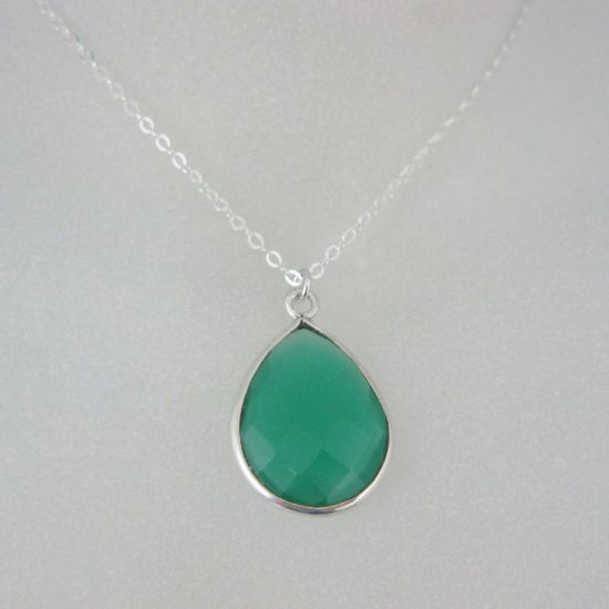 Wholesale Bezel Gem Tear Pendant Necklace & Earrings - Sterling Silver-Green Onyx (16-24")