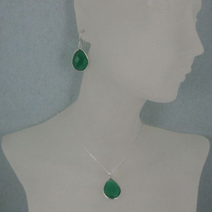 Wholesale Bezel Gem Tear Pendant Necklace & Earrings - Sterling Silver-Green Onyx (16-24")