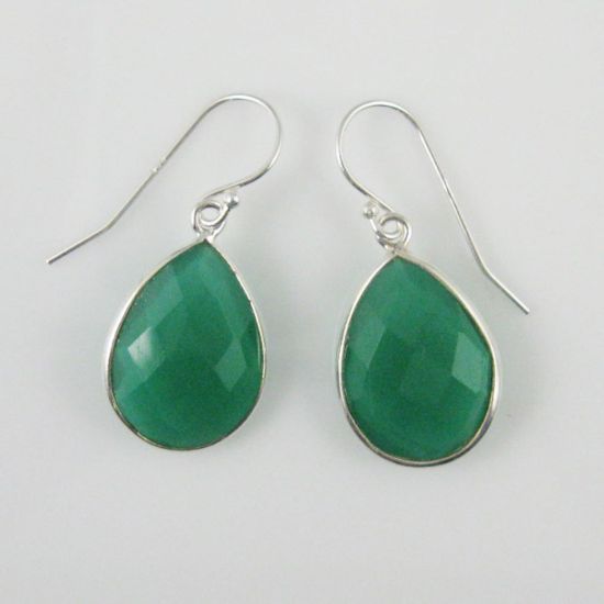 Wholesale Bezel Gem Tear Pendant Necklace & Earrings - Sterling Silver-Green Onyx (16-24")