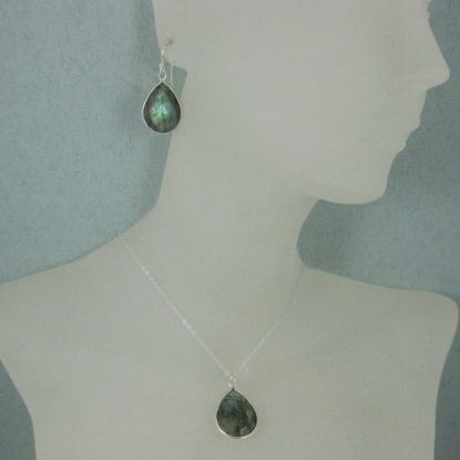 Wholesale Bezel Gem Tear Pendant Necklace & Earrings - Sterling Silver-Labradorite (16-24")