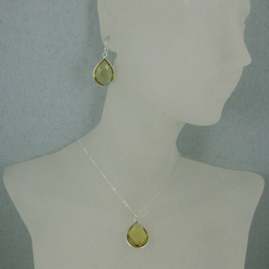 Wholesale Bezel Gem Tear Pendant Necklace & Earrings - Sterling Silver-Lemon Quartz (16-24")