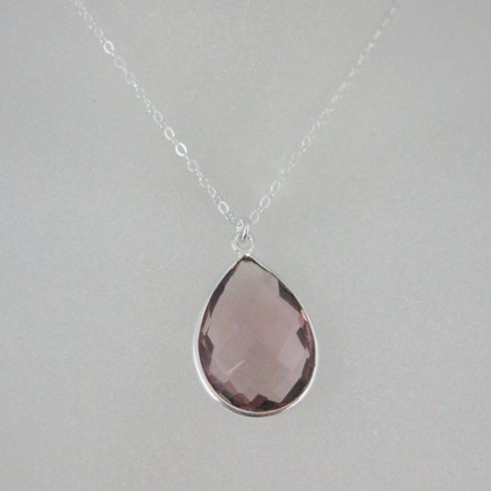 Wholesale Bezel Gem Tear Pendant Necklace & Earrings - Sterling Silver-Pink Amethyst Quartz (16-24")