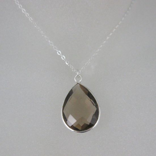 Wholesale Bezel Gem Tear Pendant Necklace & Earrings - Sterling Silver-Smoky Quartz (16-24")