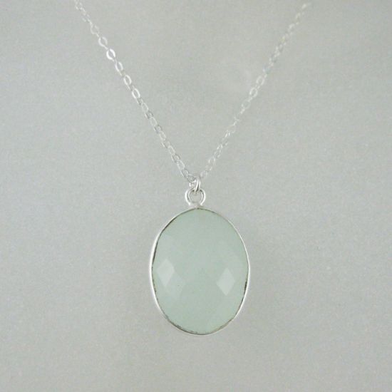 Wholesale Bezel Gem Oval Pendant Necklace & Earrings - Sterling Silver-Aqua Chalcedony (16-24")
