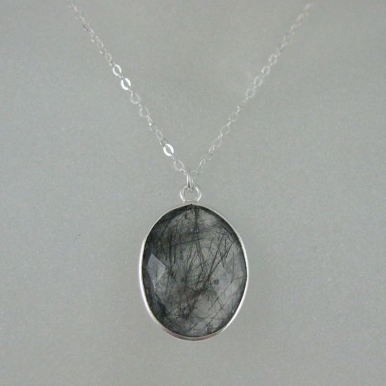 Wholesale Bezel Gem Oval Pendant Necklace & Earrings - Sterling Silver-Black Rutilated Quartz (16-24")