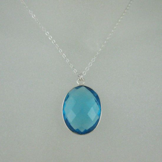 Wholesale Bezel Gem Oval Pendant Necklace & Earrings - Sterling Silver-Blue Topaz (16-24")