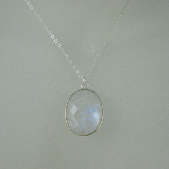 Wholesale Bezel Gem Oval Pendant Necklace & Earrings - Sterling Silver-Moonstone (16-24")