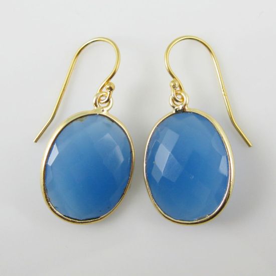 Wholesale Bezel Gemstone Oval Pendant Necklace & Earrings-Gold Plated-Blue Chalcedony (16-24")