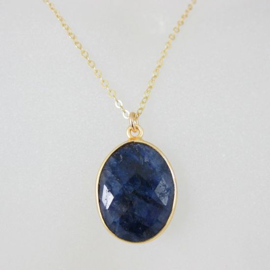 Wholesale Bezel Gemstone Oval Pendant Necklace & Earrings-Gold Plated-Blue Sapphire Dyed (16-24")