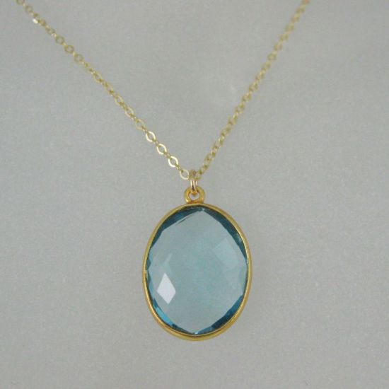 Wholesale Bezel Gemstone Oval Pendant Necklace & Earrings-Gold Plated-Blue Topaz (16-24")