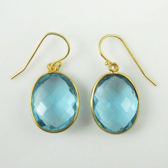 Wholesale Bezel Gemstone Oval Pendant Necklace & Earrings-Gold Plated-Blue Topaz (16-24")