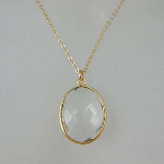 Wholesale Bezel Gemstone Oval Pendant Necklace & Earrings-Gold Plated-Crystal Quartz (16-24")