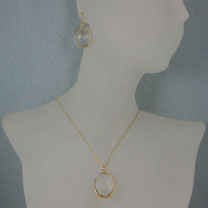 Wholesale Bezel Gemstone Oval Pendant Necklace & Earrings-Gold Plated-Crystal Quartz (16-24")