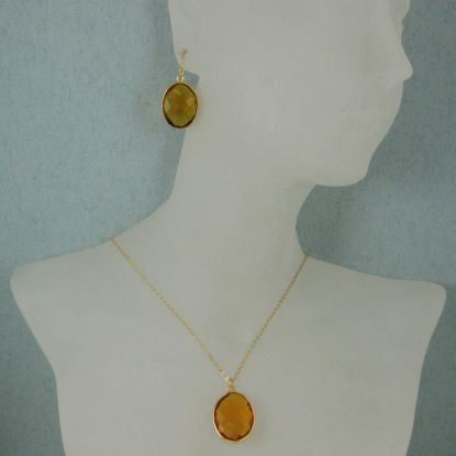 Wholesale Bezel Gemstone Oval Pendant Necklace & Earrings-Gold Plated-Citrine Quartz (16-24")