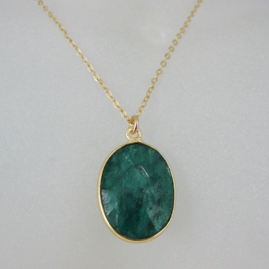 Wholesale Bezel Gemstone Oval Pendant Necklace & Earrings-Gold Plated-Emerald Dyed (16-24")